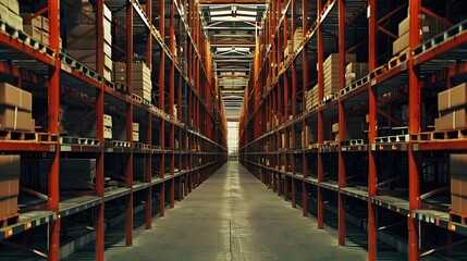 Fototapeta premium A large warehouse with rows of shelves.
