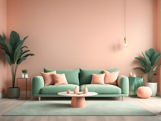2024 Trend with Peach Fuzz Living Room with Pastel Wall Accent, Emerald Green Interior Design, Apricot Salmon Luxury Scene, 3D Render


