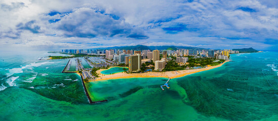 Aerial panoramic shot of Waikiki Beach in Honolulu	
