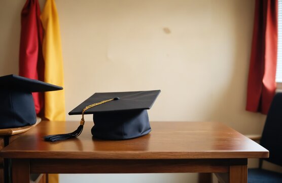Graduation Cap on Wooden Table