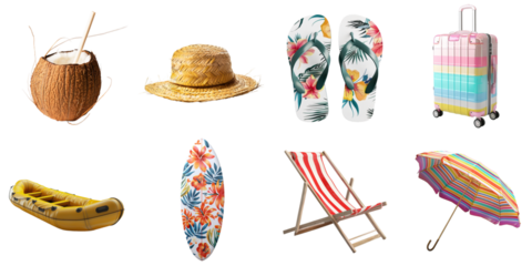 Summer and vacation time accessories png mock up. Surf board, beach chair, boat, sandal for sea travel.