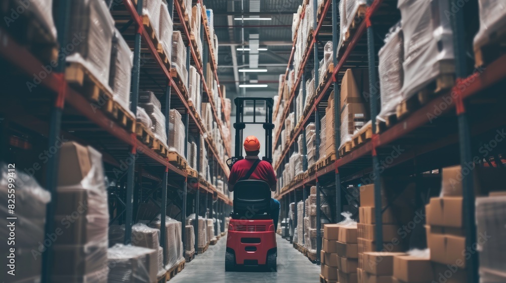 Poster smart warehouse worker or operator driving forklift and lifted product surrounded with box at storag