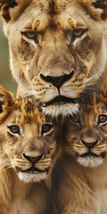 Close-Up of Lioness with Her Two Cubs, Showing Faces of All Three