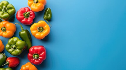Colorful bell peppers on blue background with space for text perfect for promoting healthy eating and vegetarian lifestyle