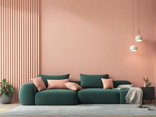 2024 Trend with Peach Fuzz Living Room with Pastel Wall Accent, Emerald Green Interior Design, Apricot Salmon Luxury Scene, 3D Render

