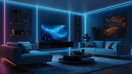 Modern smart home design with monitor screen and blue neon lights.