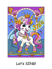 Cute unicorn pop star singer and lettering sing vector illustration
