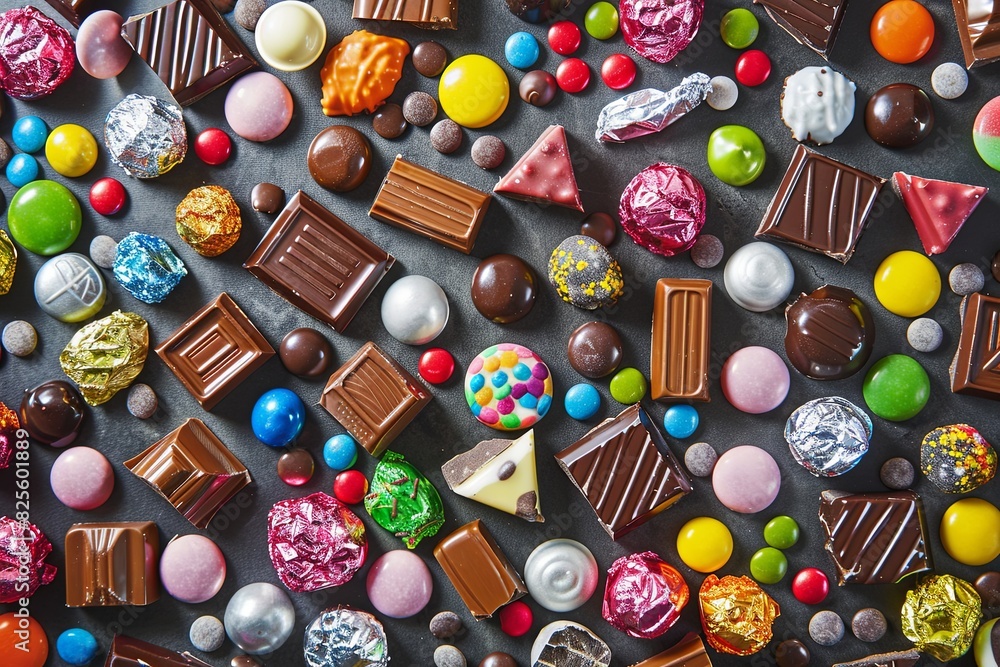Aufkleber Assorted types of vibrant chocolate candies spread out on a table with shiny wrappers. Generative AI