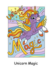 Cartoon flying unicorn and lettering magic vector illustration