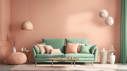 2024 Trend with Peach Fuzz Living Room with Pastel Wall Accent, Emerald Green Interior Design, Apricot Salmon Luxury Scene, 3D Render

