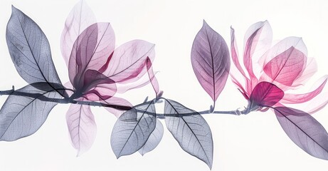 Watercolor X-ray magnolia flower and leaves.