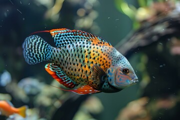Obraz premium Vibrant cichlid fish swimming in a wellplanted tank with clear water