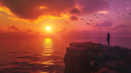 Person standing on a cliff edge with mountains in the background at ocean sunrise. Freedom and travel concept. Ambition aspiration success high achievement determination motivation concept