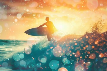 Silhouette of a surfer riding a wave at sunset, with a dreamy, colorful bokeh effect.