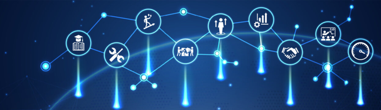 Apprenticeship vector illustration. Blue banner related to apprentice, intern or trainee mentoring program, job training or coaching, training on the job, vocational or practical learning