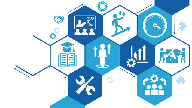 Apprenticeship vector illustration. Blue banner related to apprentice, intern or trainee mentoring program, job training or coaching, training on the job, vocational or practical learning