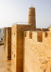 Beautiful view of ancient Ribat fortress at sunny day. Tunisia, Monastir, Africa. Mediterranean Sea