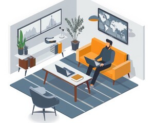 Person working remotely in a modern home office setup with laptop, orange couch, world map, and stylish decor.