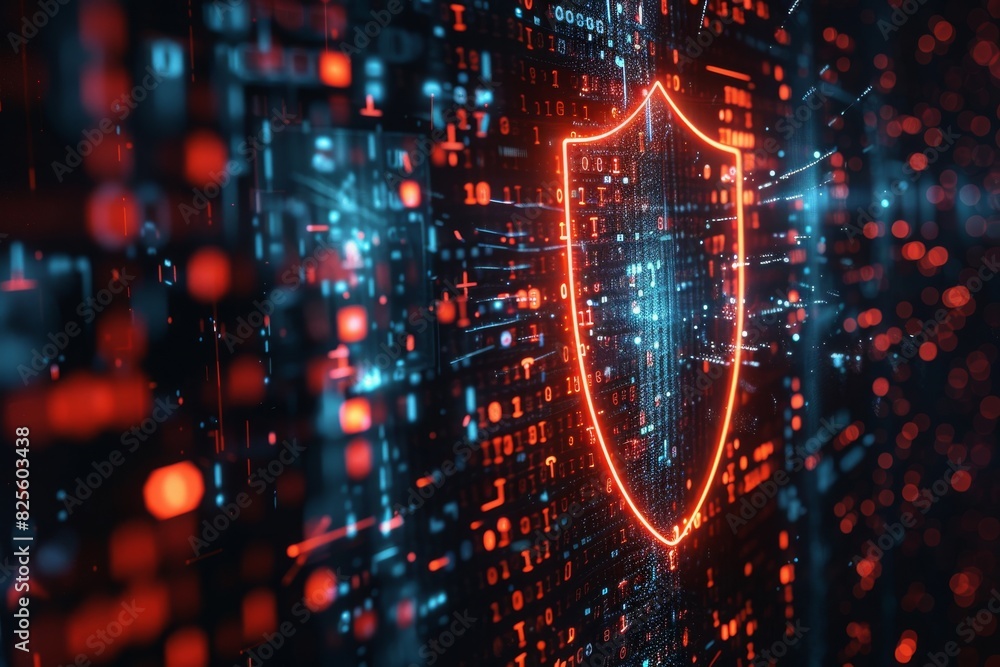 Aufkleber glowing shield symbol representing cybersecurity protection in a digital network with futuristic tec