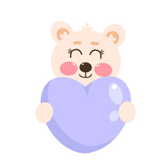 Cute sweet kawaii smiling white bear, northern bear animal holding a purple heart. Little animals in love. Illustration for baby, children, kids, girls, boys