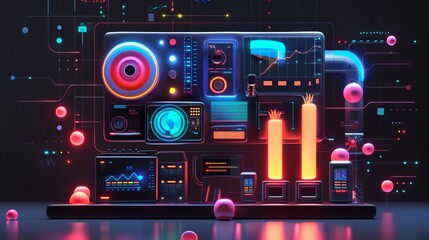 3D model of a data monitoring icon with bright, contrasting colors and intricate details