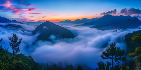 Beautiful sunrise on the mountain with sea of clouds in the morning