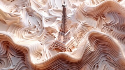 Eiffel Tower miniature model amidst soft white wavy paper layers in elegant abstract art representation. Background with copy space.