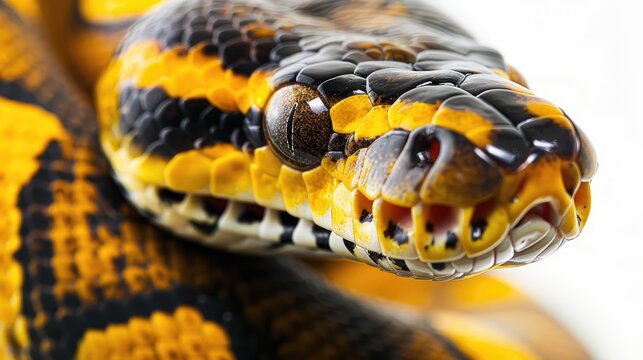 Close up image of a royal ball python with yellow and black colors on a white background