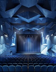 Naklejka premium A blue theater with a blue curtain and blue seats