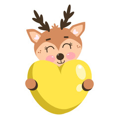 Cute sweet kawaii smiling brown christmas deer animal holding a yellow  heart. Little animals in love. Illustration for baby, children, kids, girls, boys	
