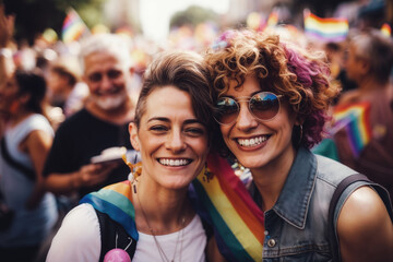 Fototapeta premium Smiling lgbtq couple with colorful attire enjoying a vibrant pride parade