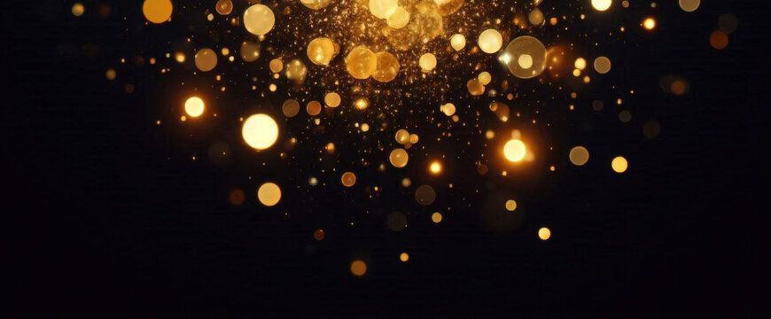 Hintergrund mit fallenden goldenen Glitzerpartikeln. Fallendes Goldkonfetti mit magischem Licht. Sch&ouml;ner heller Hintergrund