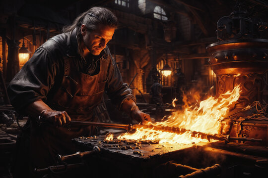 Skilled medieval artisan blacksmith heats iron on an open forge flame in a historical workshop setting.