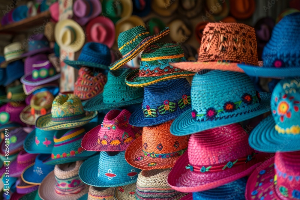 Poster vibrant collection of handmade hats on display showcasing diverse patterns and crafts