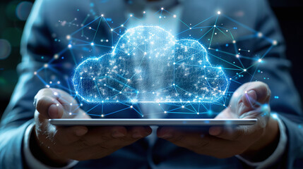 close-up of man holding device with augmented reality cloud storage for downloading, a digital service app, cyberspace