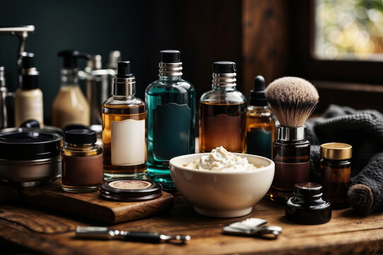 Luxury men's grooming products on wooden table