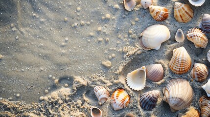 A close-up of fine sand with an array of sea shells embedded in it, showcasing the natural beauty and diversity of the shells