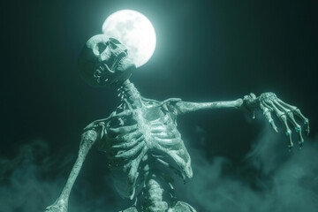 A skeletal figure reaches towards the moon amidst swirling fog, evoking a chilling scene of otherworldly presence.