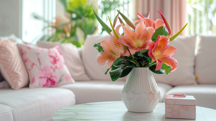 Flowers in vase as bouquet at coffee table in living room interior 