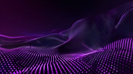 Vibrant waves of purple, glowing dots, creating futuristic, abstract patterns on a dark  background with copy space