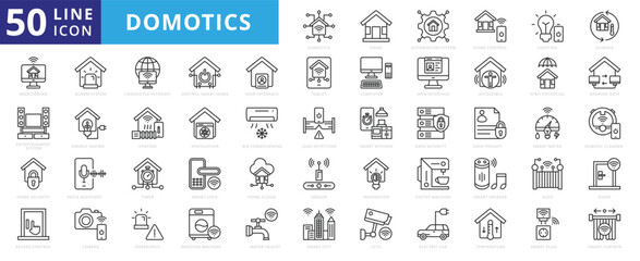 Domotics icon set with home, automation, system, control, lighting, climate, monitoring, entertainment and security.