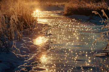Golden sunlight reflecting on a frozen river at sunrise, creating a glittering, dreamy winter scene filled with sparkle and tranquility