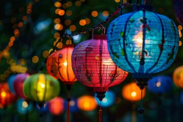 Colorful paper lanterns lit up at dusk, creating a festive bokeh background
