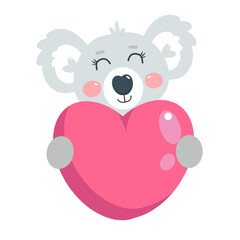 Cute kawaii smiling grey koala bear animal holding a pink heart