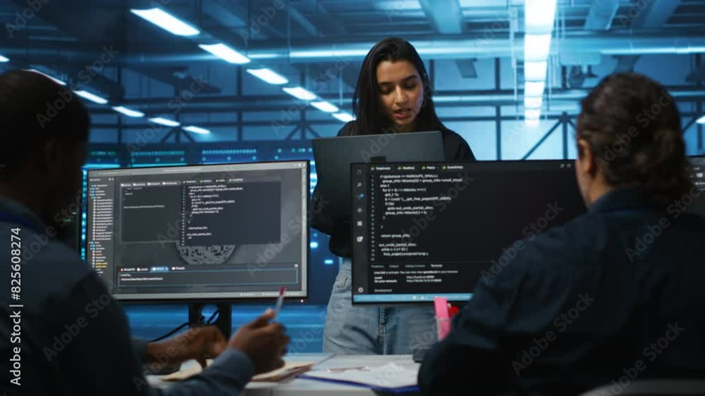 Poster portrait of smiling indian manager in server room managing team of engineers looking for equipment m