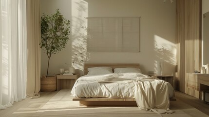 A minimalist bedroom with neutral tones and uncluttered decor, fostering a sense of calm and tranquility.