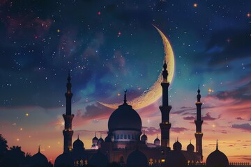 An evocative silhouette of a mosque against a backdrop of a crescent moon and shimmering stars.