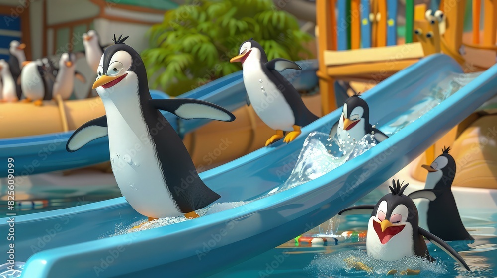 Poster a 3d cartoon scene of a group of penguins sliding down a water slide into a pool, creating a fun and