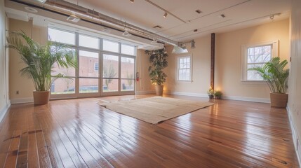 Fototapeta premium A peaceful yoga studio with hardwood floors and soft natural lighting, offering a space for inner peace and mindfulness.