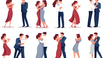 Set of happy hugging and kissing couples flat style